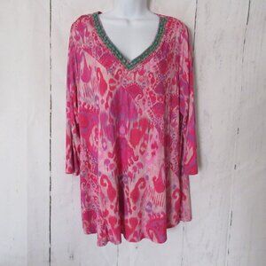 Soft Surroundings Top 1X Pink Paisley Ikat Beaded 3/4 Sleeve V Neck Plus Size